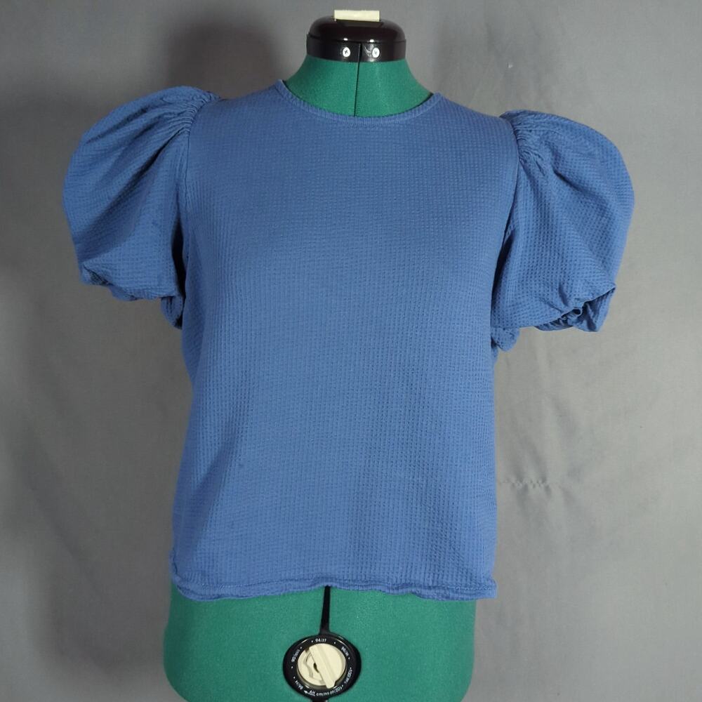 Boden Blue Puff Sleeve Textured Cotton Top US 12 Romantic Cottagecore